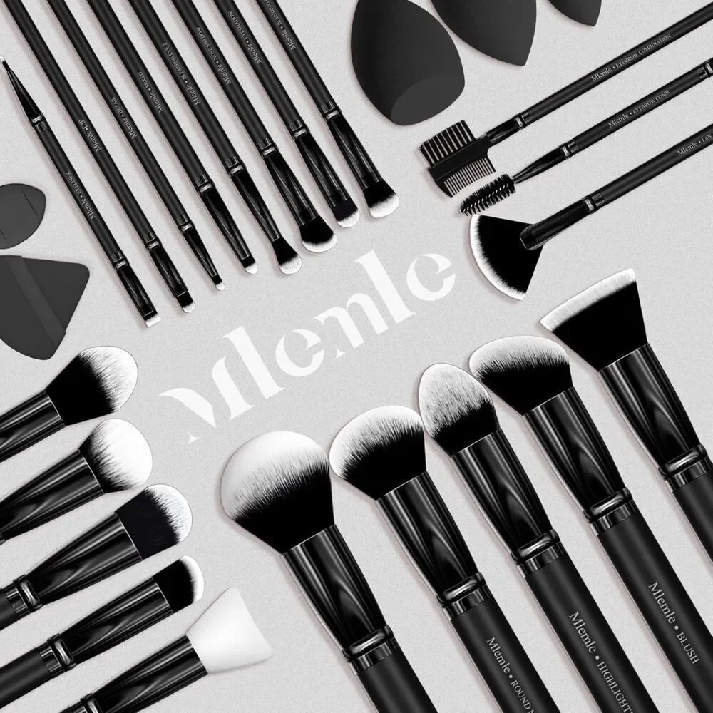 Mlemle 26 Pcs A01-Black Makeup Brushes Set And 2 Powder Puff 3 Makeup Sponge